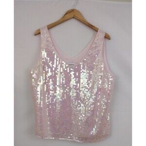 Together Blouse 20W Sleeveless Pink Sequin Pullover V Neck Top Sheer Coquette